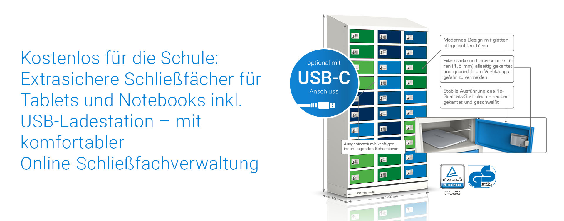 Kostenlos für die Schule: Extrasichere Schließfächer für Tablets und Notebooks inkl. USB-Ladestation – mit komfortabler Online-Schließfachverwaltung